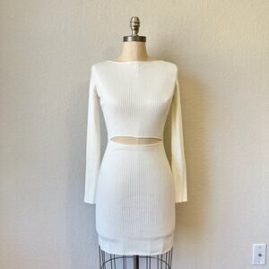 WILFRED ARITZIA Cut Out Mini Dress Ivory LS Ribbed Knit Bodycon NWT
